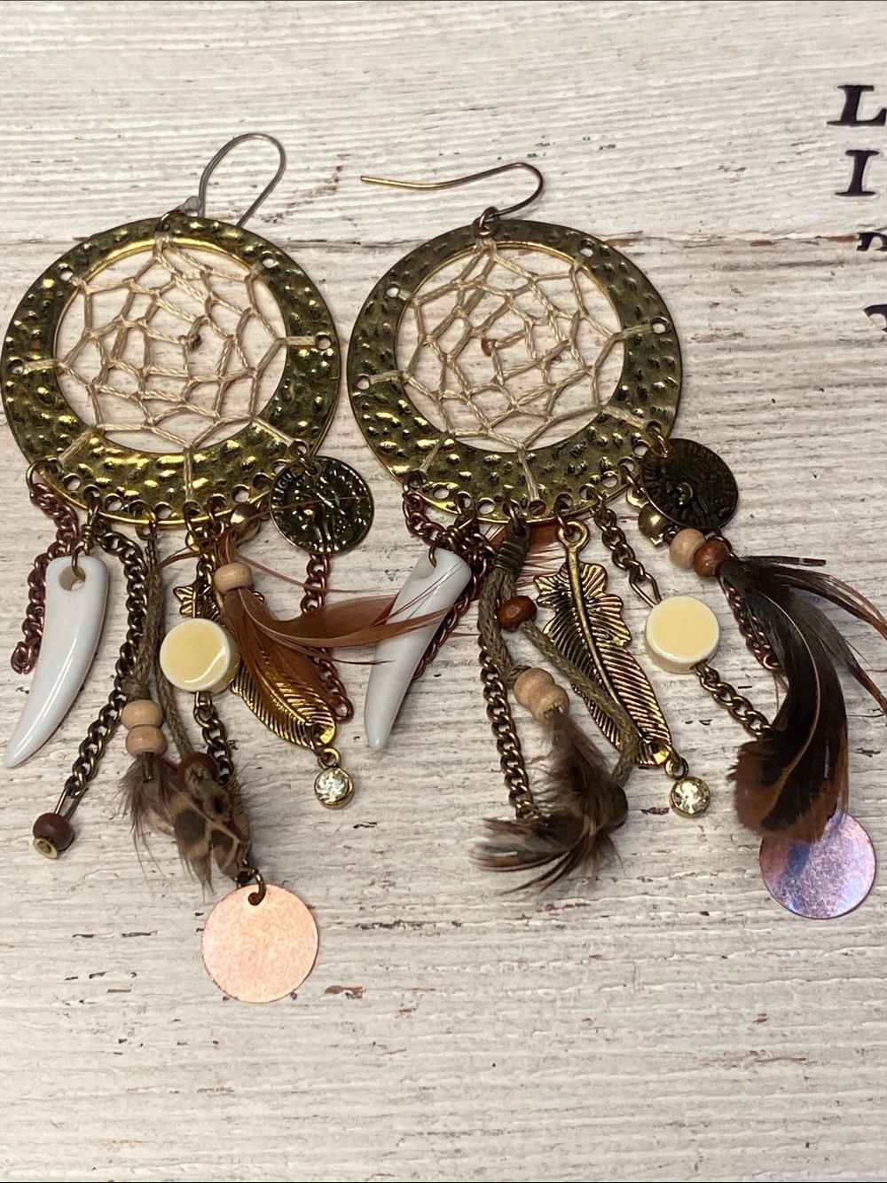 Dreamcatcher Dangle Hook Earrings Feather Charm Gold Metal Boho Tribal Style
